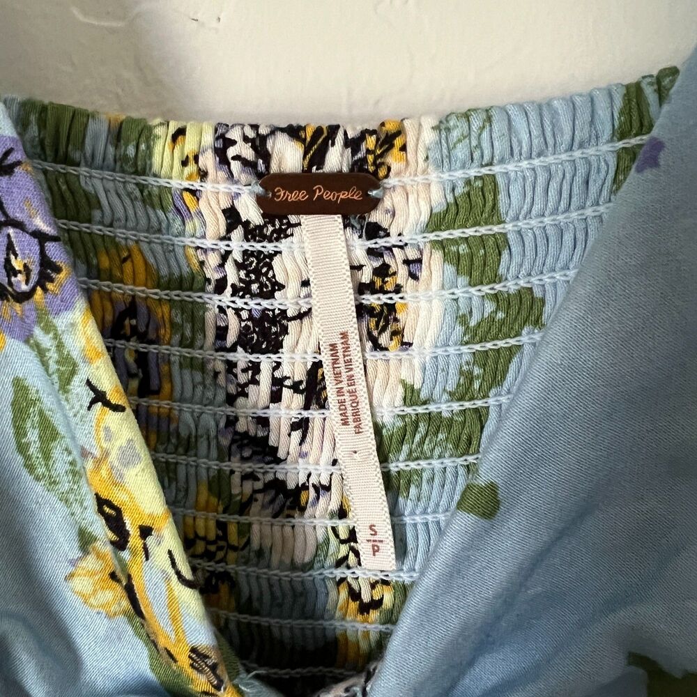 Free People Happy Heart Blue Floral Ruched Mini Dress Cottagecore Picnic Size S - Picture 3 of 9